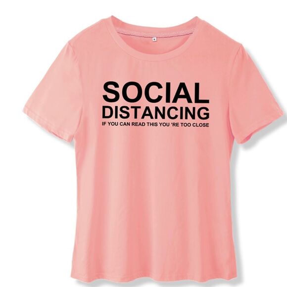 Pink Short Sleeve Graphic Lettering Social Distancing Tee T Shirt NEW - Picture 2 of 3